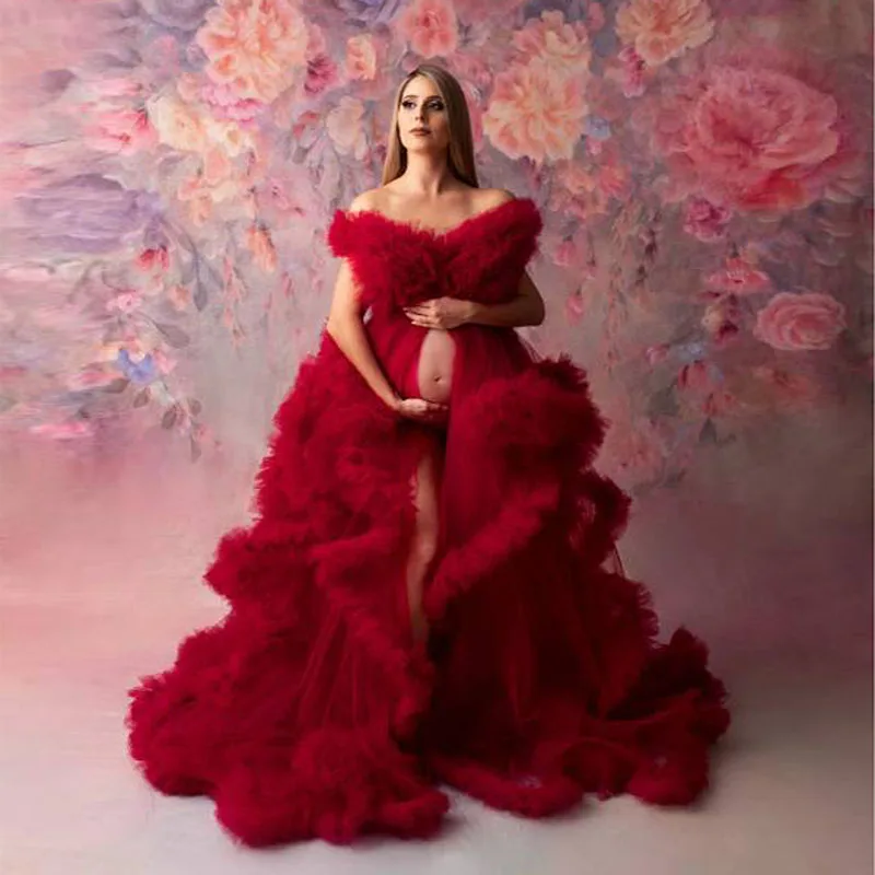 Czerwone potargane tiulowe sukienki ciążowe dla kobiet w ciąży sesja zdjęciowa suknia wieczorowa z rozcięciem zwiewna sukienka na baby shower dostosowane