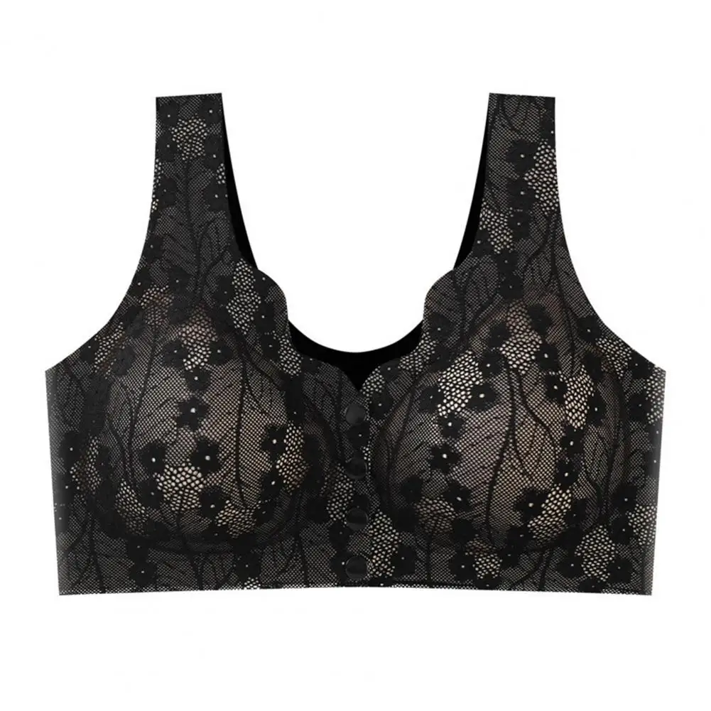 Women Front-opening Bra Front Button Closure Lace Push-up Jogging Bra for Mid-aged with Shockproof Support Removable Breast Pad