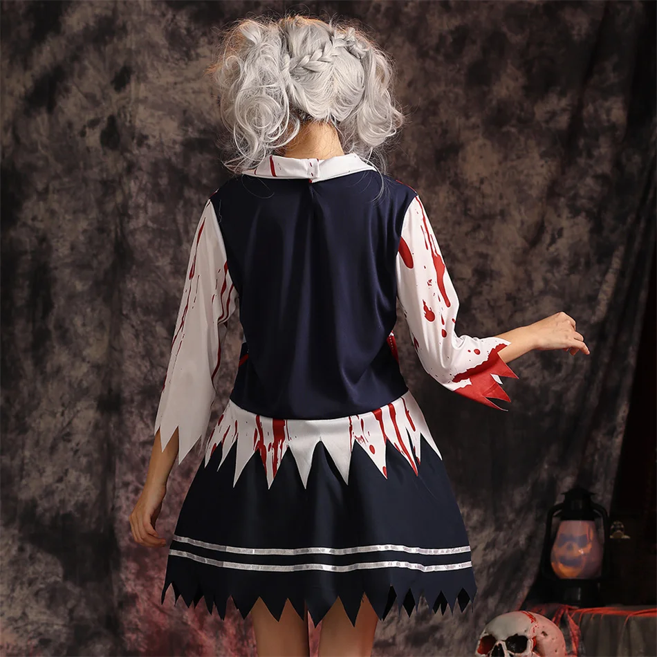 Stroje na Halloween dla dziewczyn, maskarada, przebranie zombie dla dorosłych, sukienka z efektem krwi, strój uczennicy, top i spódnica, zestaw ubrań dla dzieci na występy.