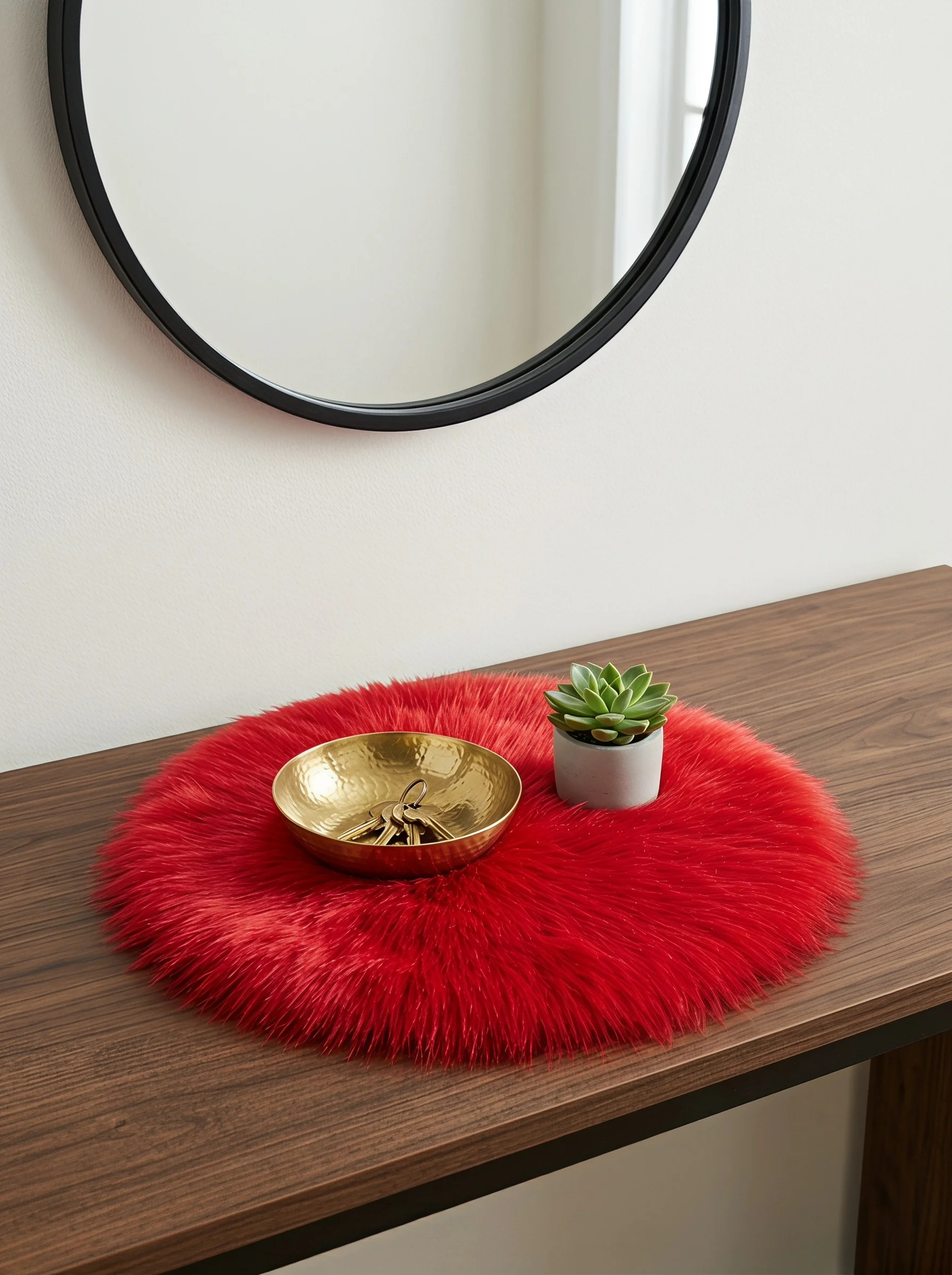 A Large Red Round Plush Table Mat for Valentine's Day and Wedding Celebrations, a Decorative Plush Heat Insulation Mat for Wine Glasses and Vases