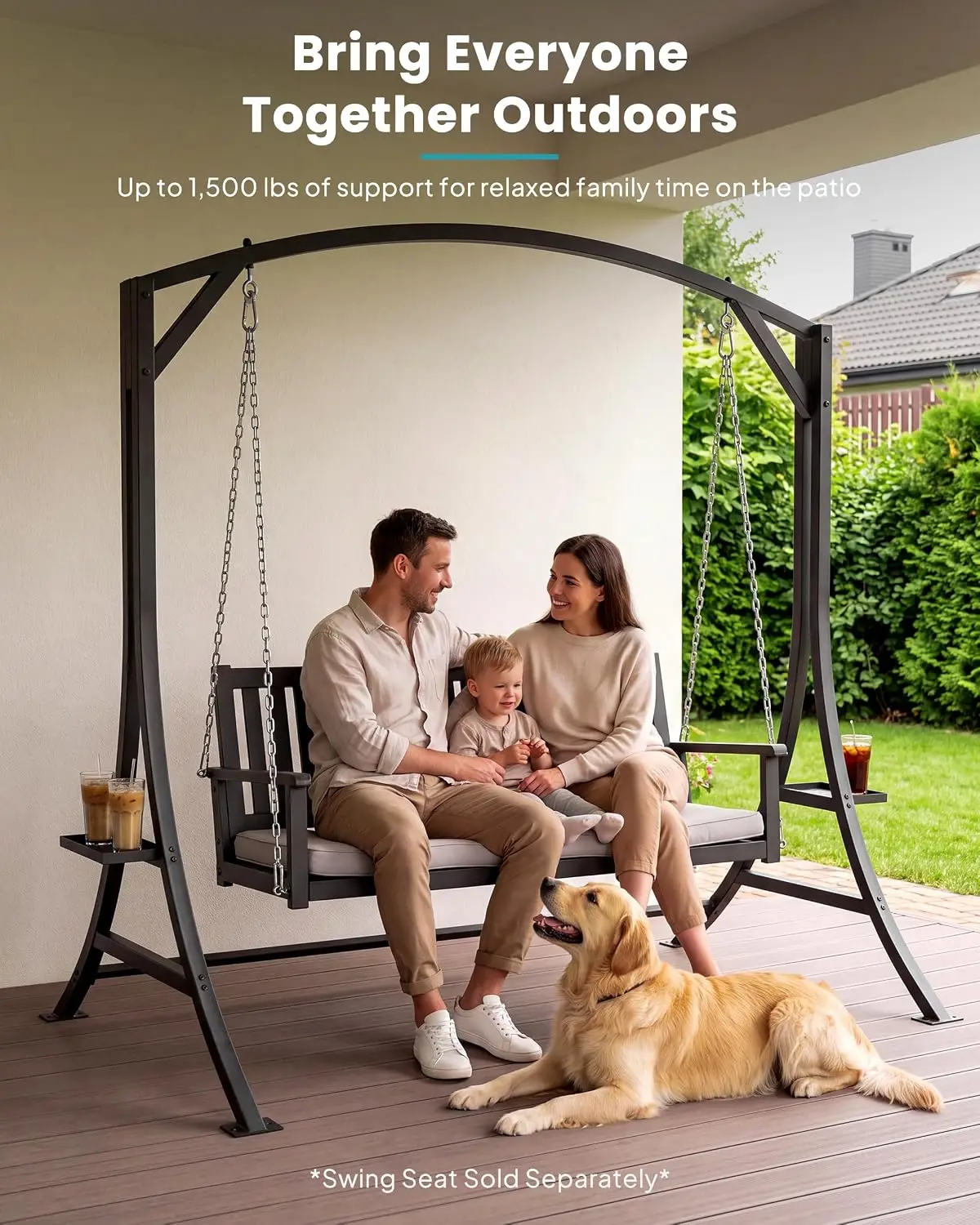 Outdoor swing frame with 2 built-in side trays for drinks and phones, fits single and double seats for patio and backyard