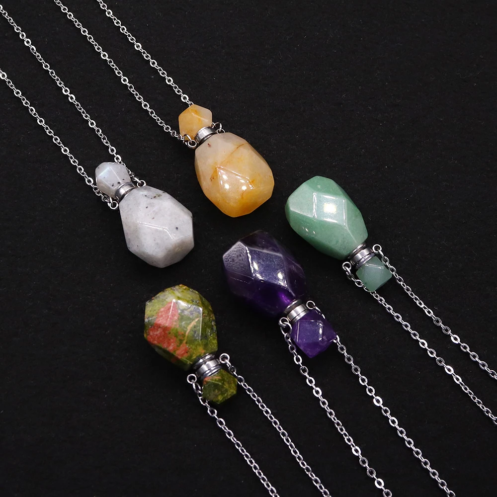 Essential Oil Diffuser Charm Jewelry Natural Stone Necklace Amethyst Unakite Perfume Bottle Pendant Metal Chain Boutique Jewelry