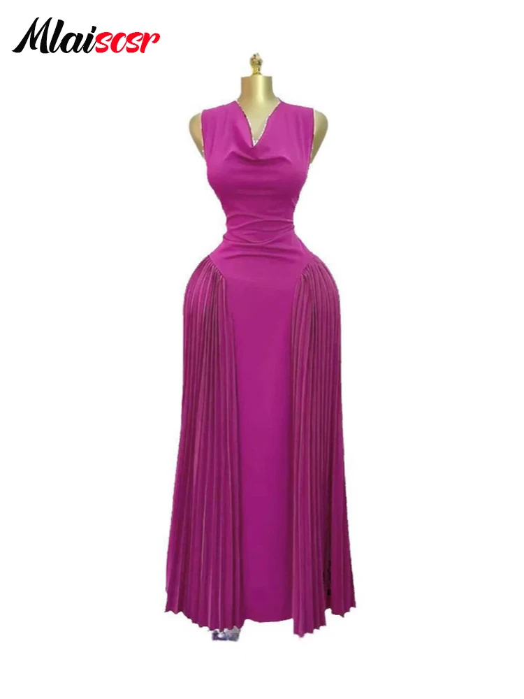 فستان Mlaiscsr خريفي جديد بدون أكمام مطوي أخضر طويل للمرأة نحيل عالي التمدد أنيق للسهرات وأعياد الميلاد #3