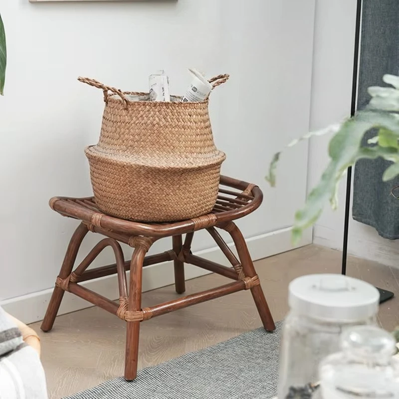 

Retro Versatile Changing Shoe Stool Rattan Weaving Foot Chair Living Room Sofa Pedal Seat Stable Load Bearing Hallway Ottoman