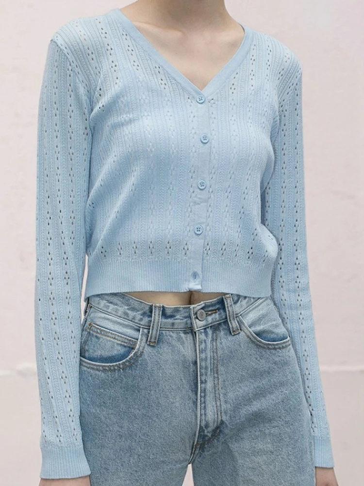 

Lightweight Blue Ribbed Knitted Long Sleeve Open Cardigan Sweater Women's Spring Autumn Top New Style Comfortable Nylon Fabric