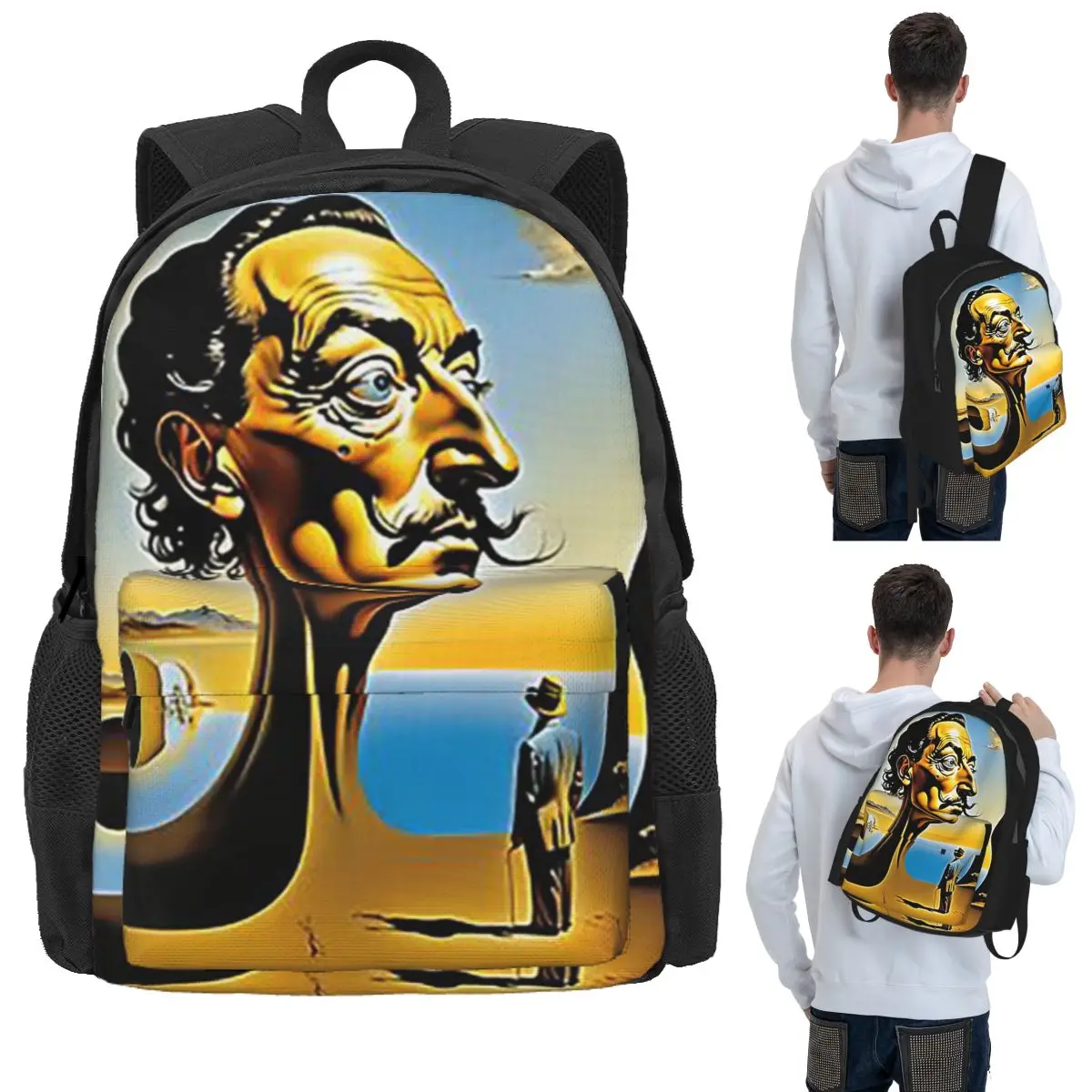 Enigmatic Encounter Surrealist Dreamscape Salvador Dali Poster Backpack School Bag Hiking Travel Daypack Bookbag Shoulder Bags