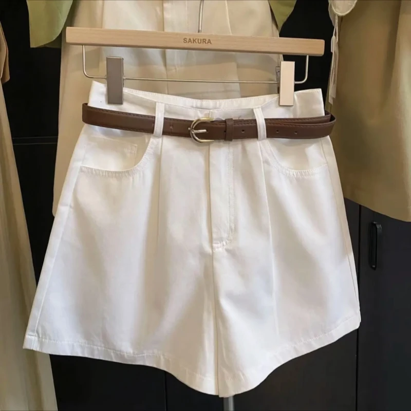 

Белые повседневные брюки с высокой талией и широкими штанинами для женщин, с поясом для коррекции фигуры, в корейском стиле, свободного кроя, летние