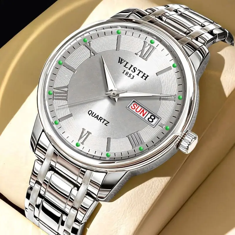 WLISTH Reloj de negocios clásico para hombre al por mayor - Reloj de pulsera de cuarzo resistente al agua con calendario dual luminoso y esfera grande personalizable