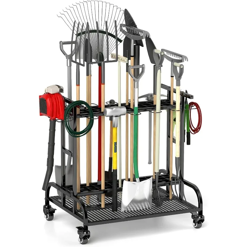 

Garden Tool Organizer with Wheels, Large Capacity Garage Tool Organizer with Hooks, Garden Tool Rack for Broom, Shovel, Long Han