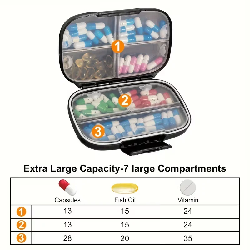 Travel Pill Organizer Weekly Duallock Portable Case 7 Large Compartments Sealed Medicine Container Vitaminfish Oilsupplement