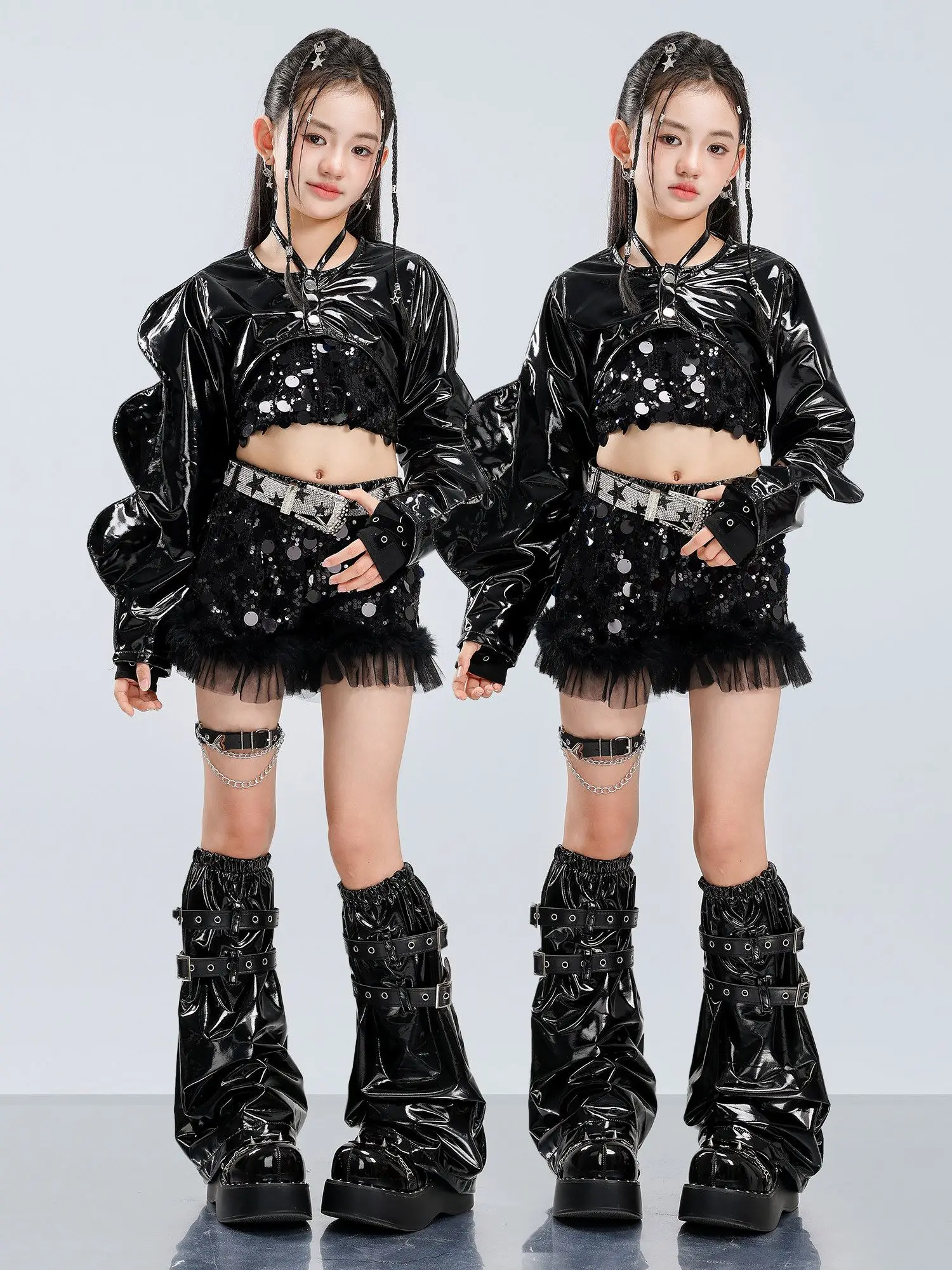 Girls Jazz Dance Costume Black Leather Tops Sequined Vest Shorts Kids Fashion Runway Concert Stage Performance Clothes BL20329