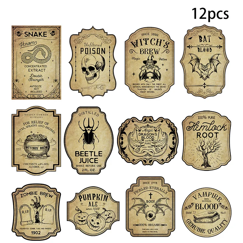 12pcs Halloween Retro Horror Gothic Wine Bottle Labels Sticker Vintage Witch Graffiti Potion Decals for Halloween party decor