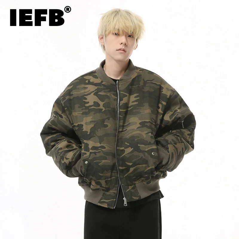 Iefb nicho design jaquetas acolchoadas masculinas gola redonda camuflagem zíper engrossado vintage casual casacos de algodão masculino inverno 9c8972