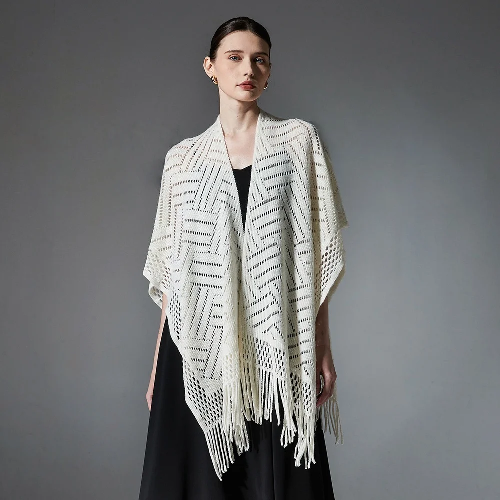 

New Arrived Shawl Women Scarf Cloak Solid Color Knitted Tassels And Thin Cut Hollow Out Poncho Elegant Cheongsam Shawl Ladies