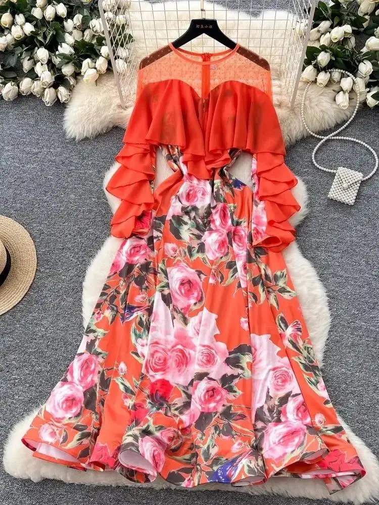 Primavera verão manga borboleta flor impressão sereia vestidos longos camada feminina babados costura festa de aniversário roupas femininas