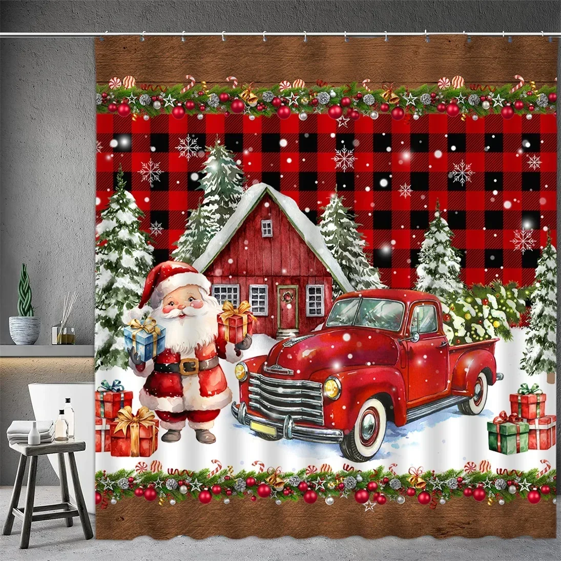 Christmas Shower Curtain, Winter Snowman Santa Claus Snowflake Gnome Farm Truck Berry Christmas Tree Cartoon Bathroom Decoration