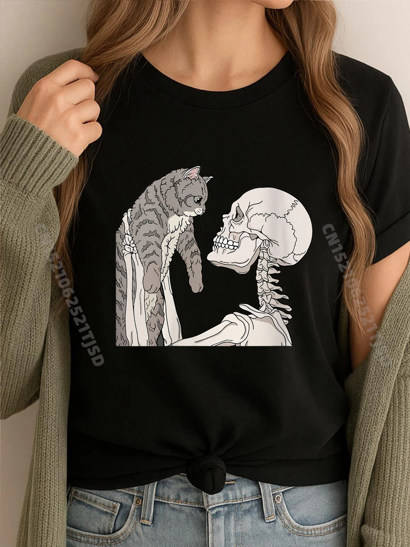 

Женская рубашка со скелетом держит кошку, ленивый костюм на Хэллоуин, футболки с рисунком черепа, роскошная футболка в английском стиле