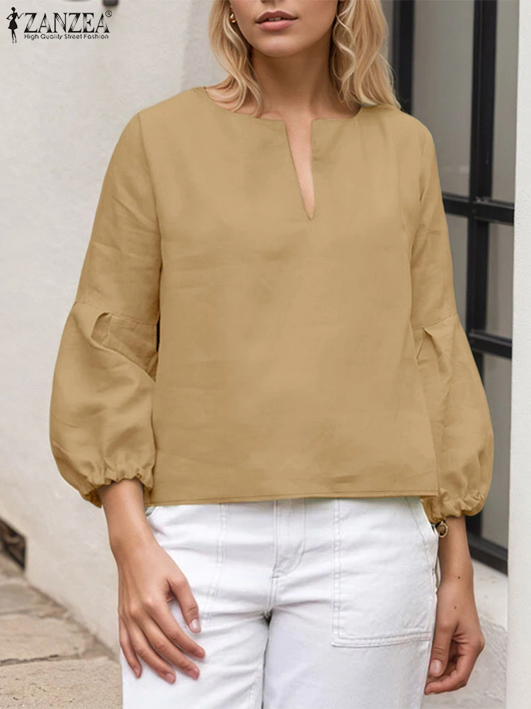ZANZEA Women Blouse Casual Loose Patchwork Shirts 2025 Summer 3/4 Lantern Sleeve Tops Solid Color Blusas V-neck Fashion Pullover