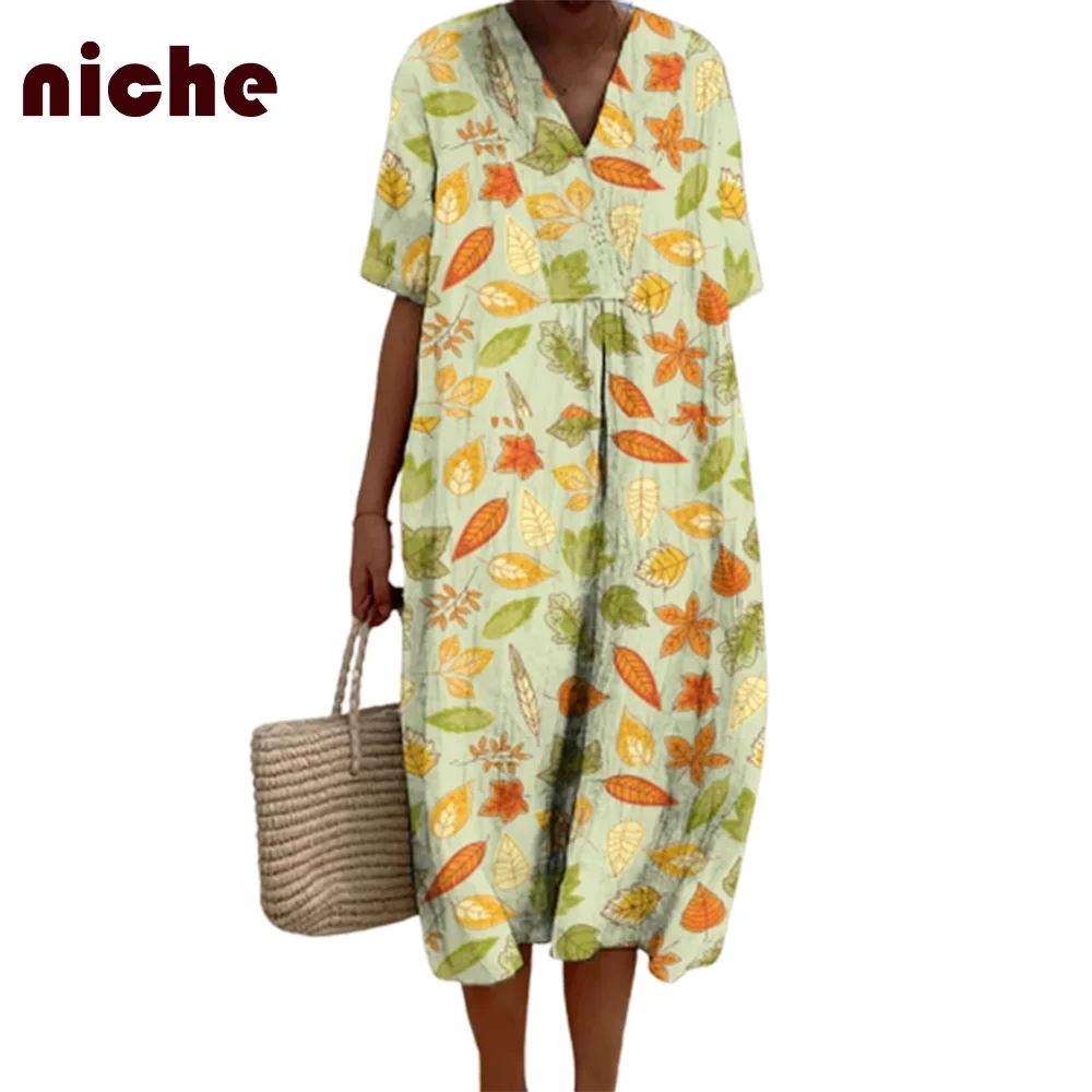 Retro Outfit Ladies Dress Casual Fallen Leaves Graphic Printing Cotton And Linen Soft High Quality Fabric Trendy New Long Skirt