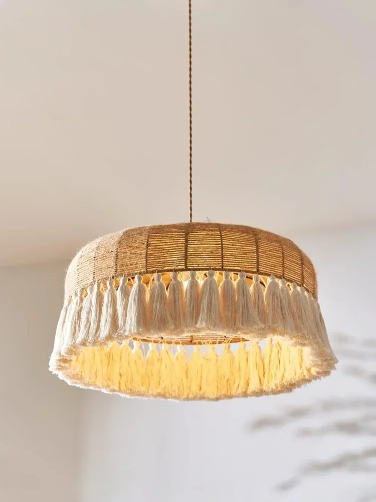 Nordic Hand-Woven Rope Wabi Sabi Chandelier Dining Room Study E27 LED Suspend Lamp Kitchen Island Cafe Bar Pendant Light Fixture