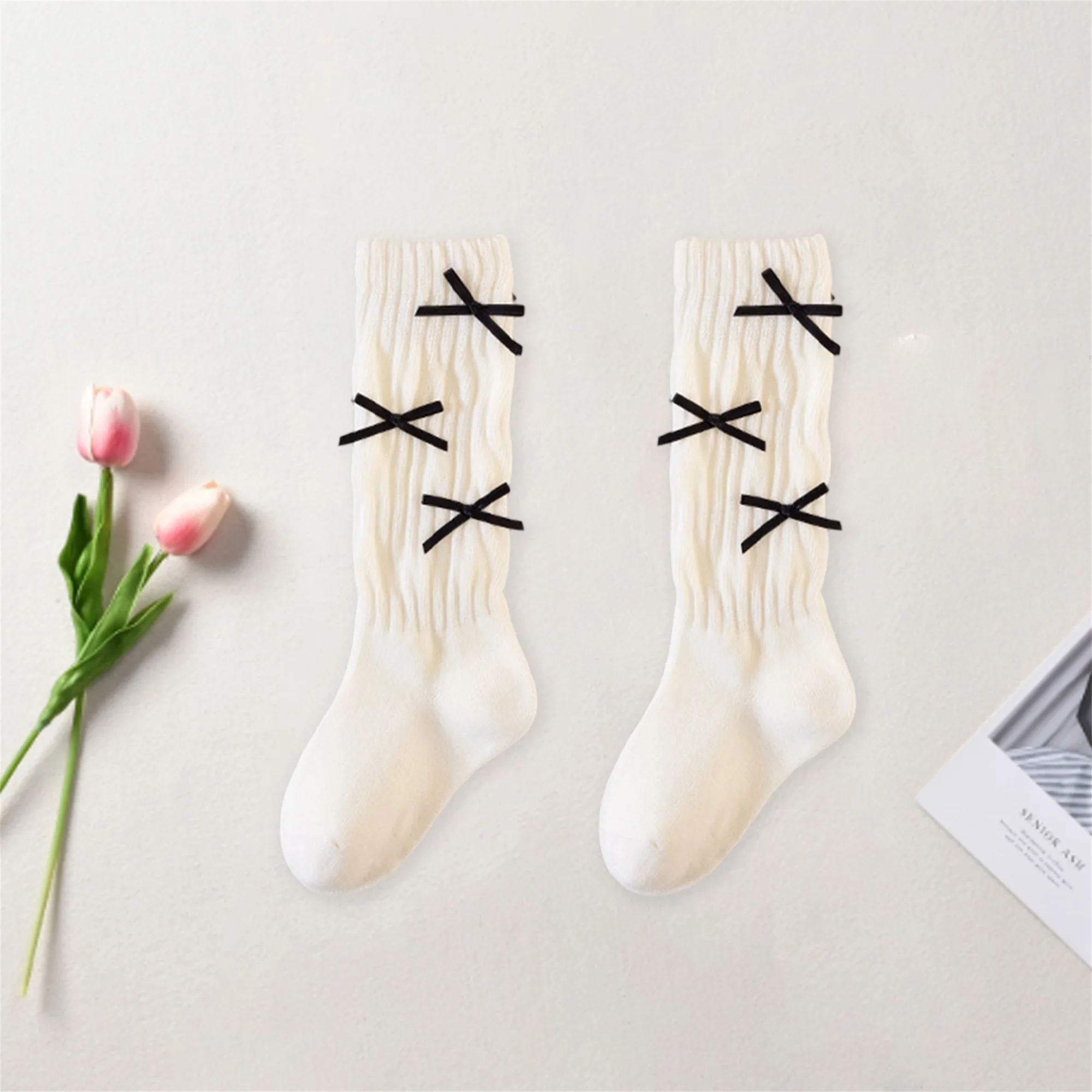 جوارب رائعة للفتيات الرضع مع تفاصيل شريطية للخريف والشتاء، جوارب متماسكة عصرية