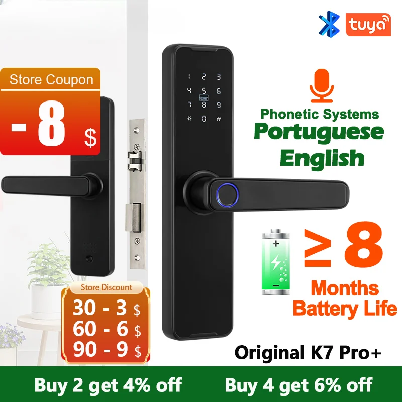 Biometric Fingerprint Door Lock K7 Pro+ Black Smart Lock Tuya App Remote Unlocking Keyless Lock Electronic Door Lock