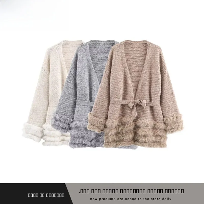 

Модный женский вязаный кардиган ZR Sle с поясом, осень-зима, простой узл, полиэфирное волокно, теплый длинный S...