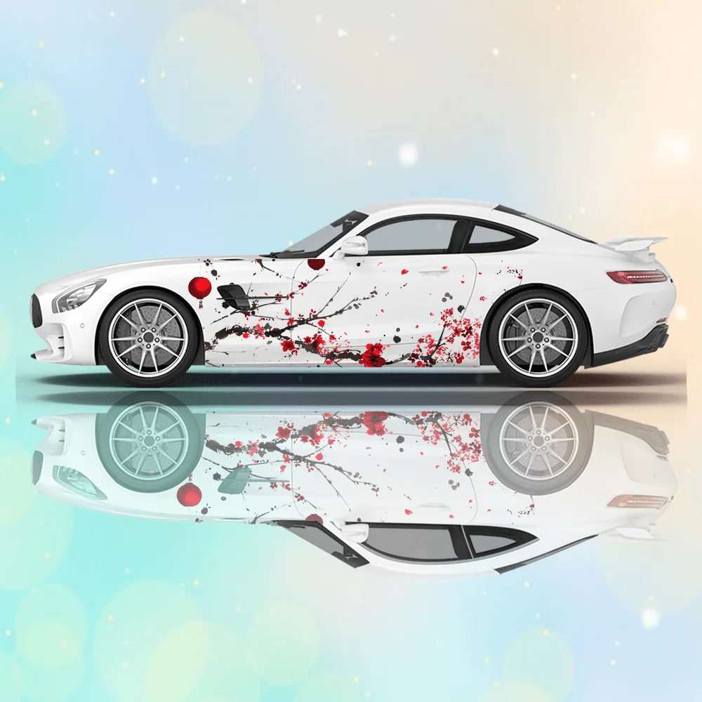 Beautiful bright cherry blossom branch car decals full body floral decoration covering scratches protective car decals waterproo