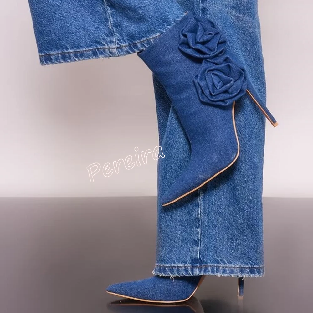 Denim Flower Blue Ankle Boots Women's Winter Spring Stiletto Pointed Toe Side Zipper Sexy Elegant Party Lady Shoes New Arrival