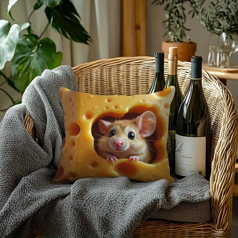 1pc Cute Mouse & Cheese Pillowcover, Whimsical Animal Print Cushion, Ideal Festive Gift for Home Decor & Fall-Themed Living Spac