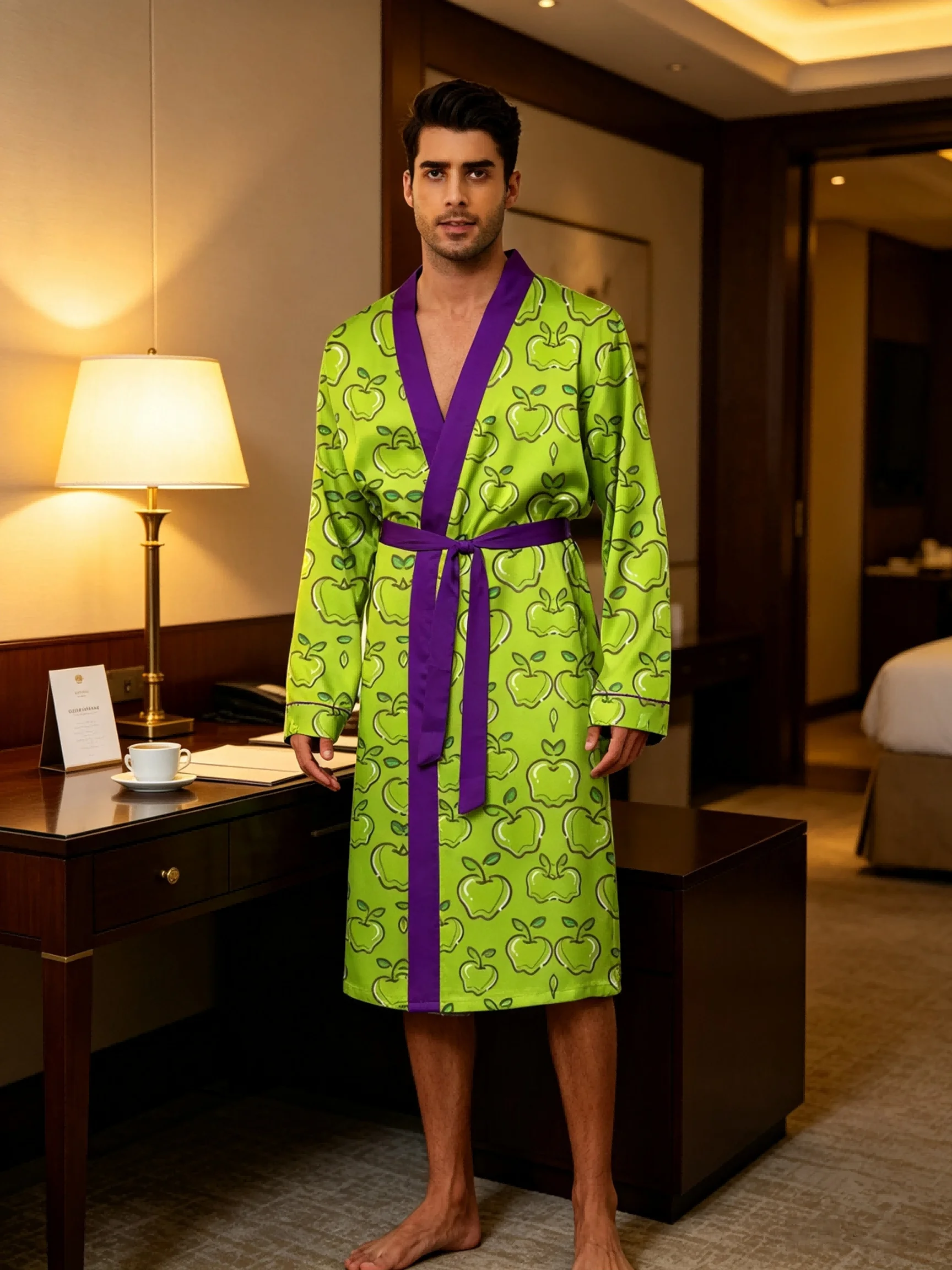 Men's lightweight quick-drying pajama bathrobe - 3D digital printing, non-fading design, stand-up collar and adjustable waistban