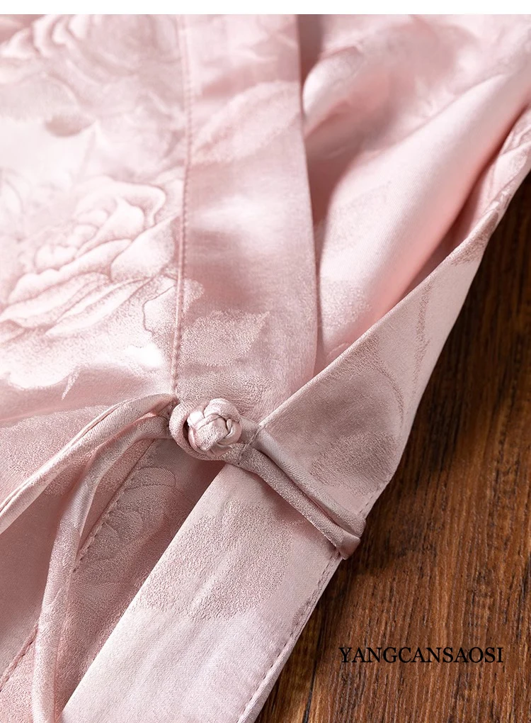 32MM Heavyweight 100% Natural Mulberry Silk Jacquard Satin Pink V-neck Off Shoulder Sleeves Irregular Hem Women's Fashion Shirt