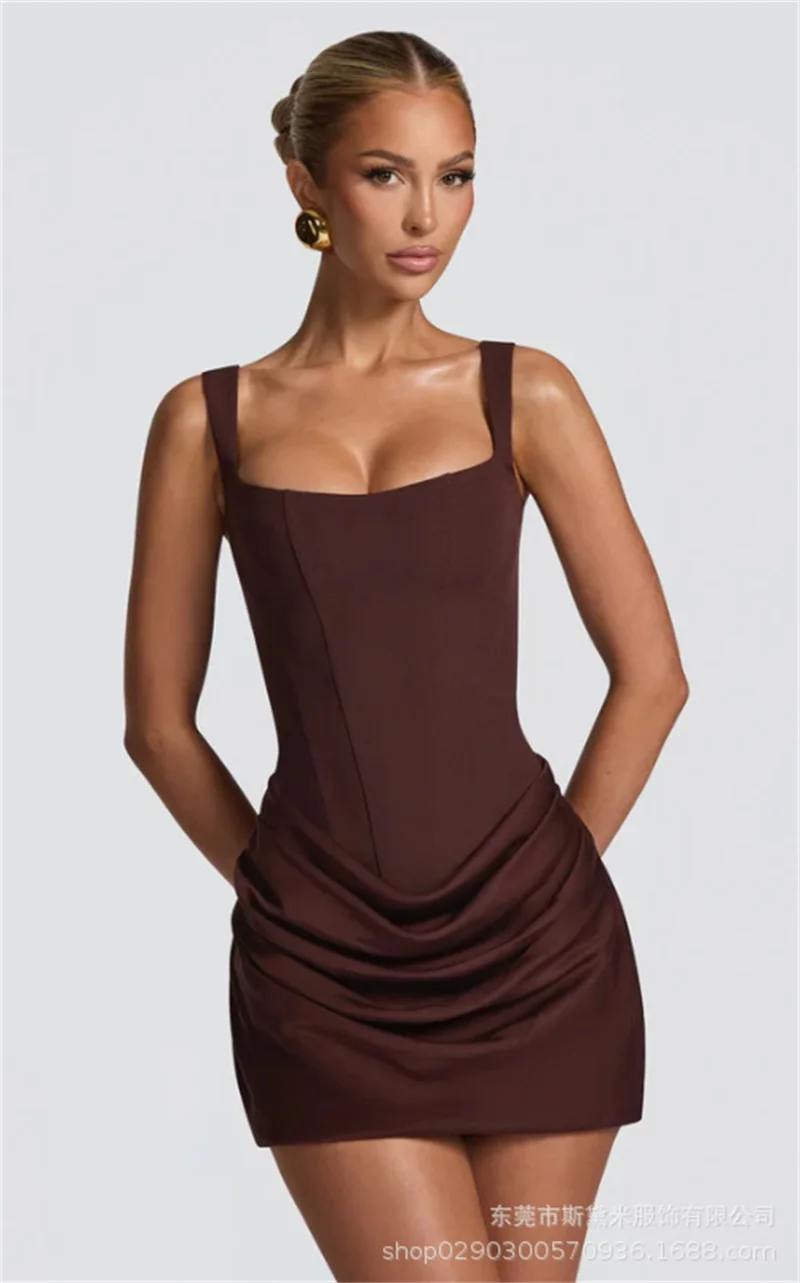 

Brown Satin Women Prom Dress Sexy Corset Stripe Sleeveless Lace Up Back Short Mini Party Gown Daily Casual Holiday Birthday Robe