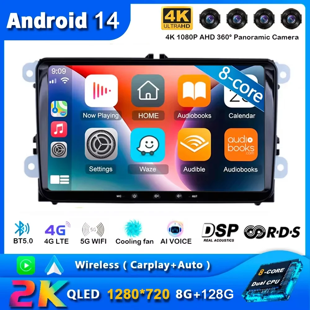 2Din Android 14 Car Radio Multimedia Player For VW/Volkswagen/Golf/Polo/Tiguan/Passat/b7/b6/SEAT/leon/Skoda/Octavia GPS 4G+WiFi