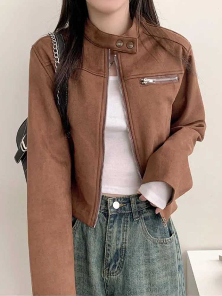 

Chic Early Spring Retro Zipper Stand Collar High Waist Slim Fit ort Suede Motorcycle Jaet Women's Faion Outerwear