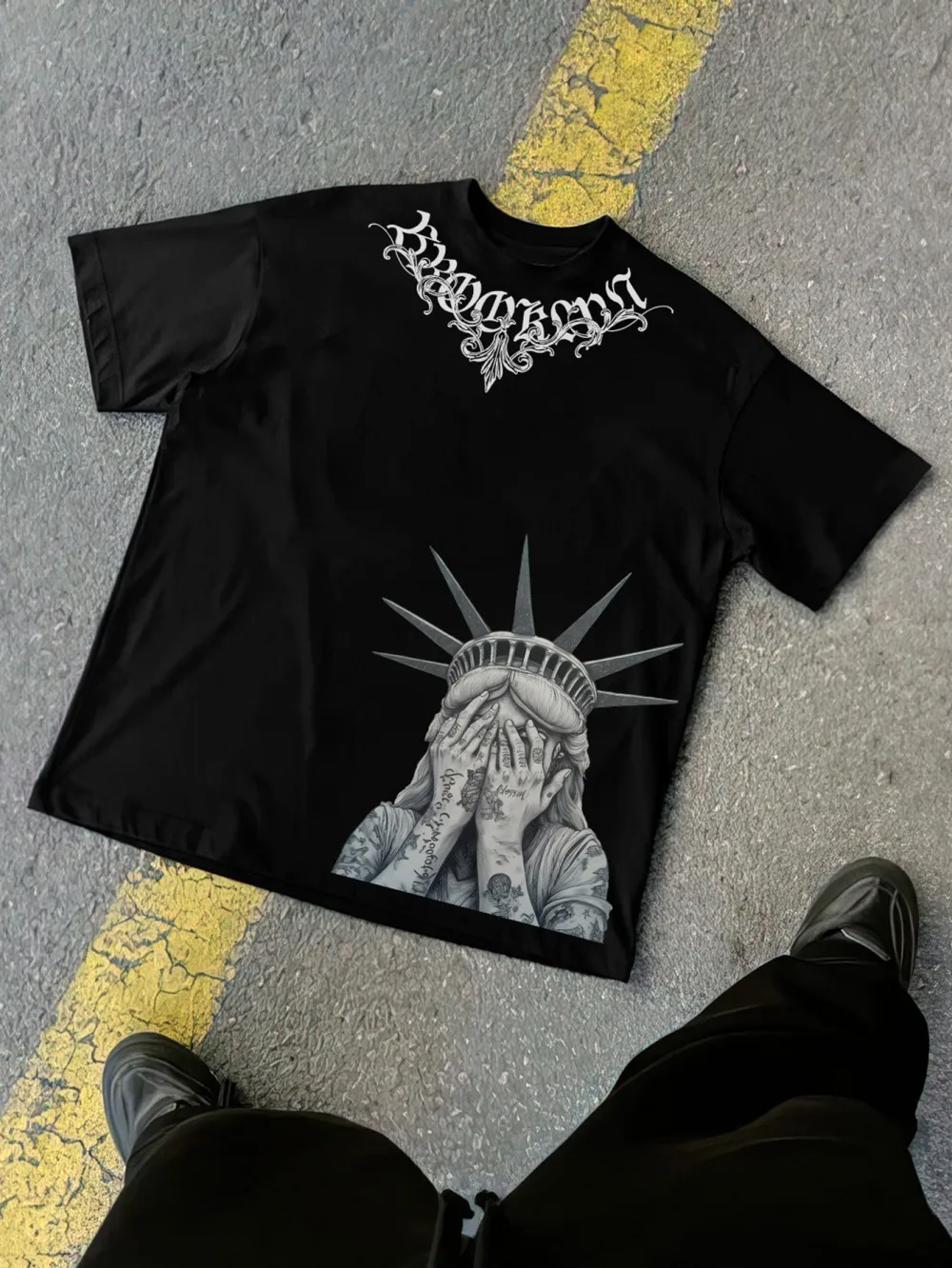 American men's summer urban ghost mask flame letter print micro elastic breathable round neck T-shirt outdoor street top