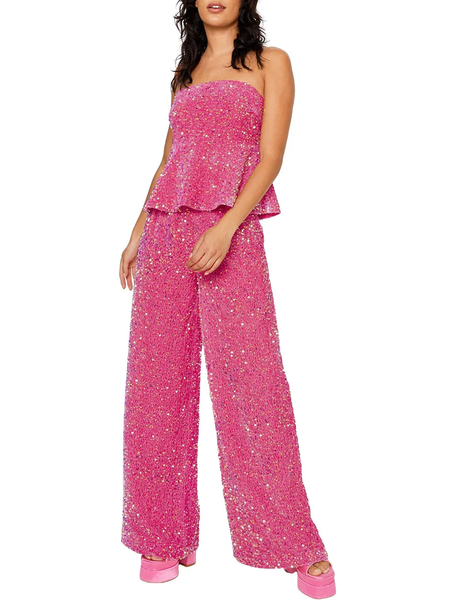 

Sexy Two Piece Outfits for Women Going Out Y2k Tube Pleated Top with Long Sparkly Trousers Sequin 2 Piece Pants Set