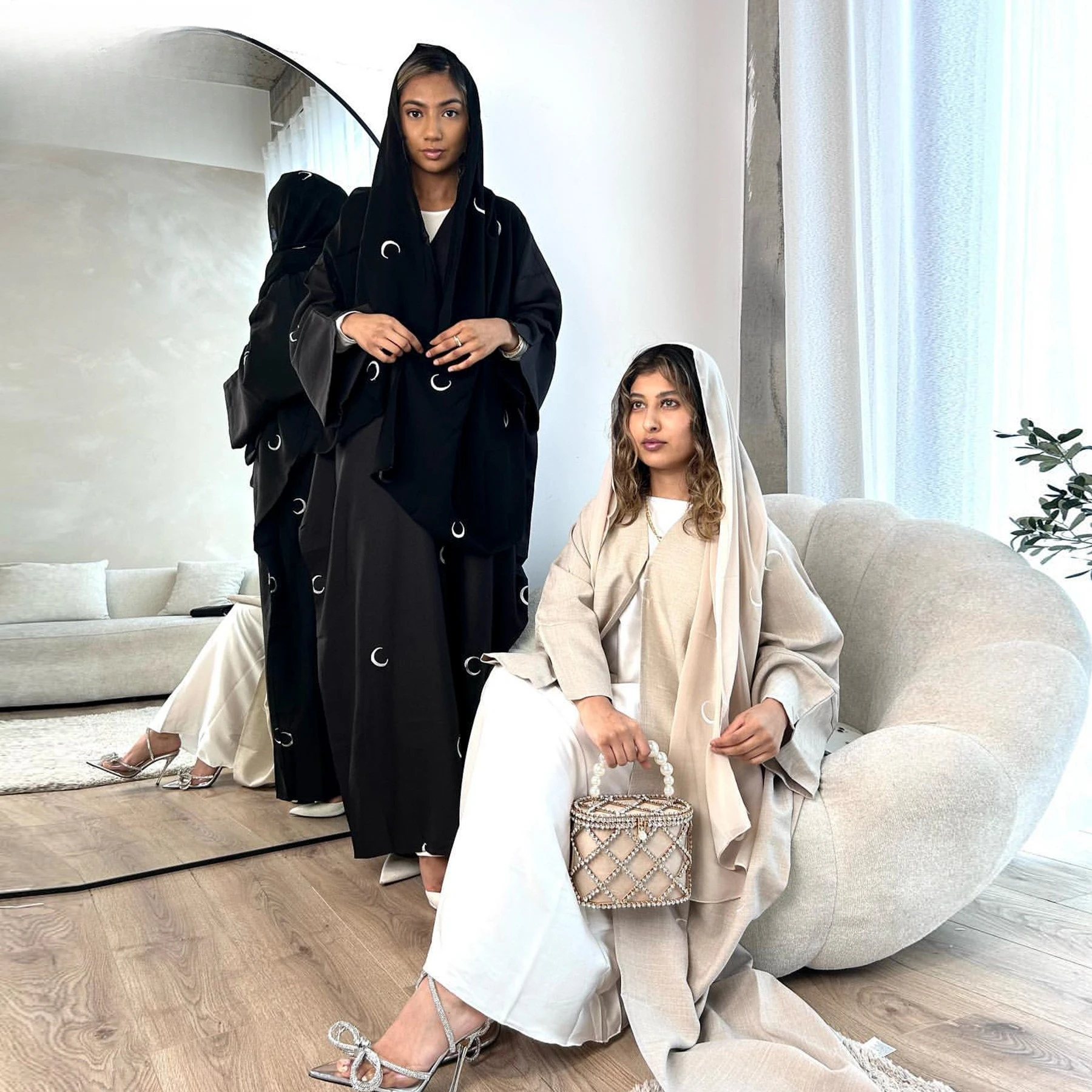

Turkish Dubai Moon Embroidery Elegant Open Front Abaya Long Robe Muslim Women Outerwear
