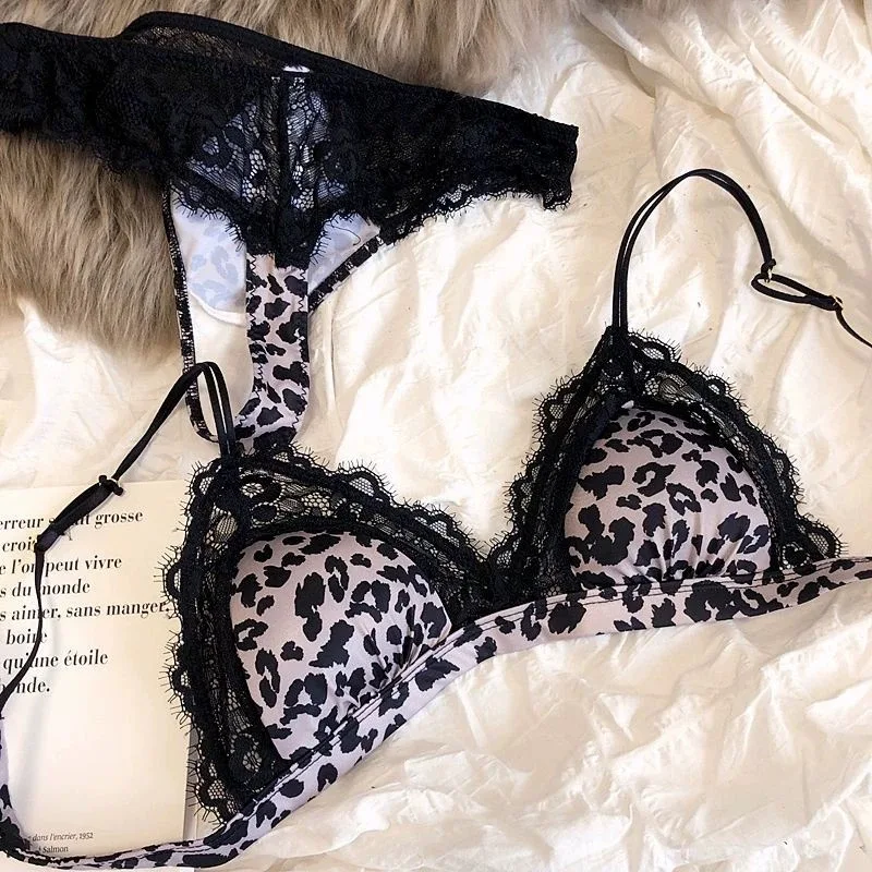 

Sexy lace leopard print bra underwear bikini triangle cup T women's seductive lingerie set steel ring lingerie with panties set