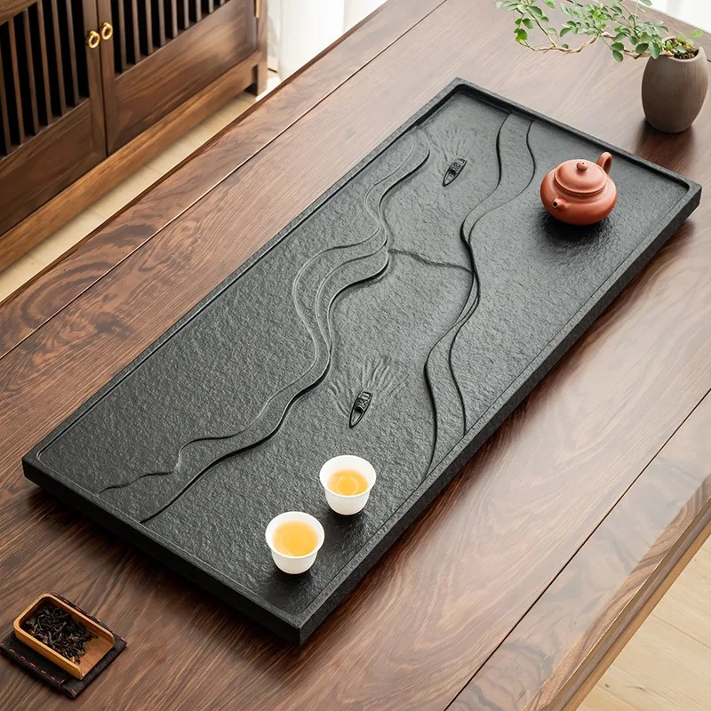 

Natural Black Stone Modern Light Luxury Carved Tea Tray, Multi Gongfu Tea Drain Table for Home Desktop, Elegant Tea Server