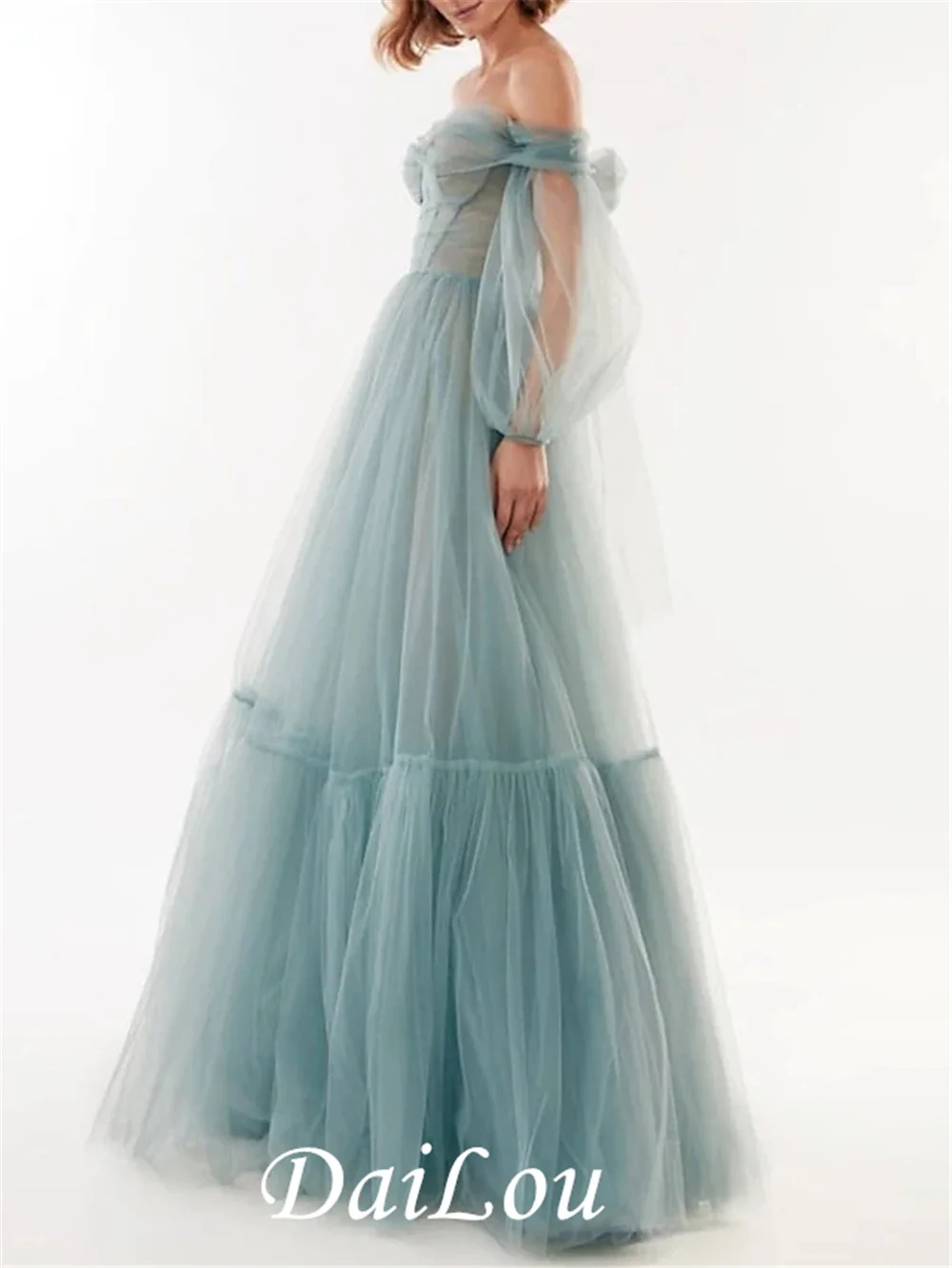 Robe de bal pour invités de mariage, ligne a, épaules dénudées, manches longues, longueur au sol, Tulle avec nœud (s) plissé (s)