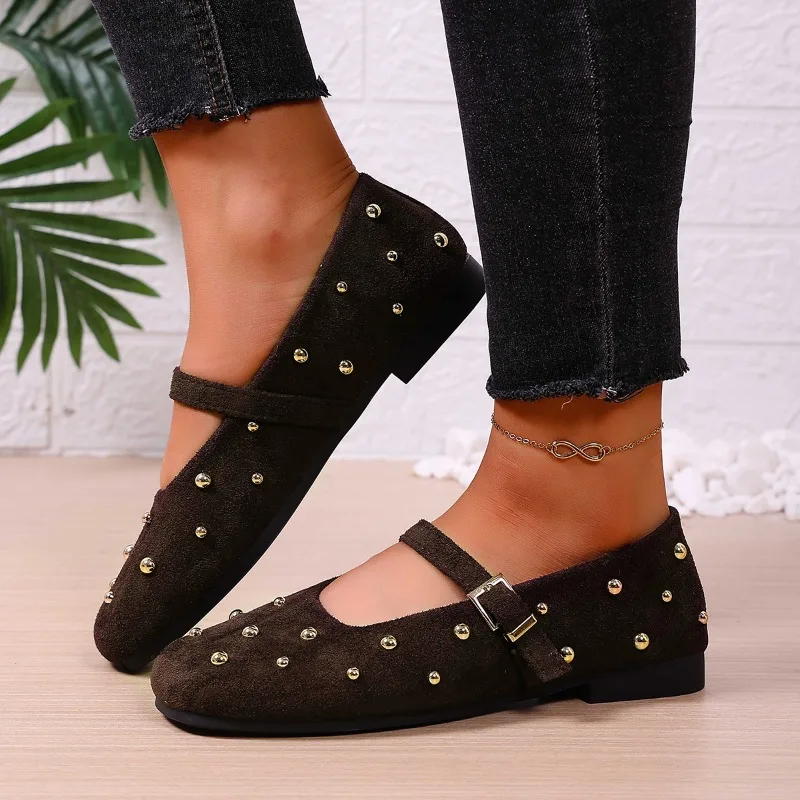 موضة لينة وحيد مشبك واحد حزام حذا فردي للسيدات 2025 جديد خمر حجر الراين جولة تو شقة ماري جين الأحذية