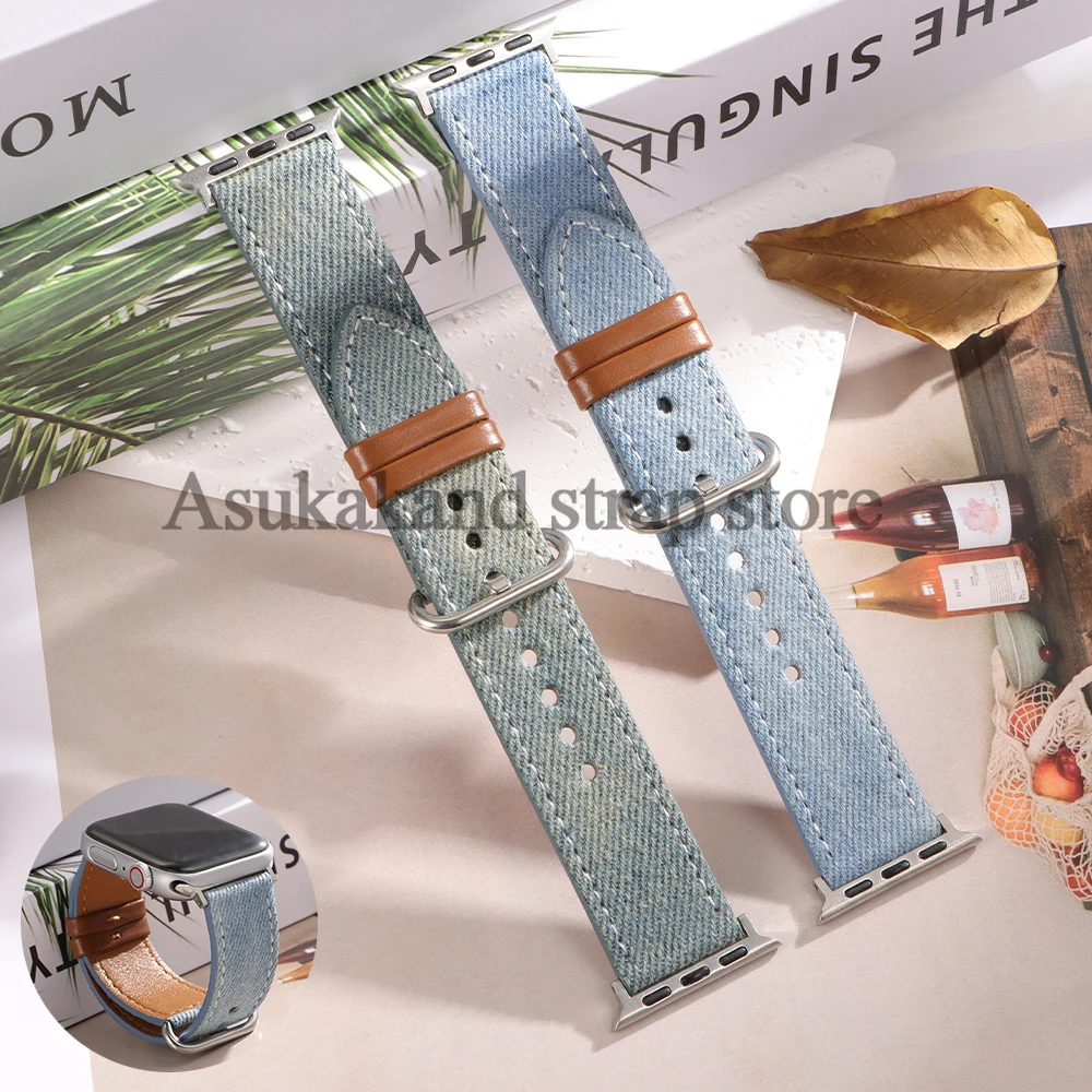 Blue Cowboy Material Canvas Cowhide Men Women Strap for Apple Watch7 8 Band  for Iwatch Series 10 9 Band 42 44mm 45mm 46mm 49mm