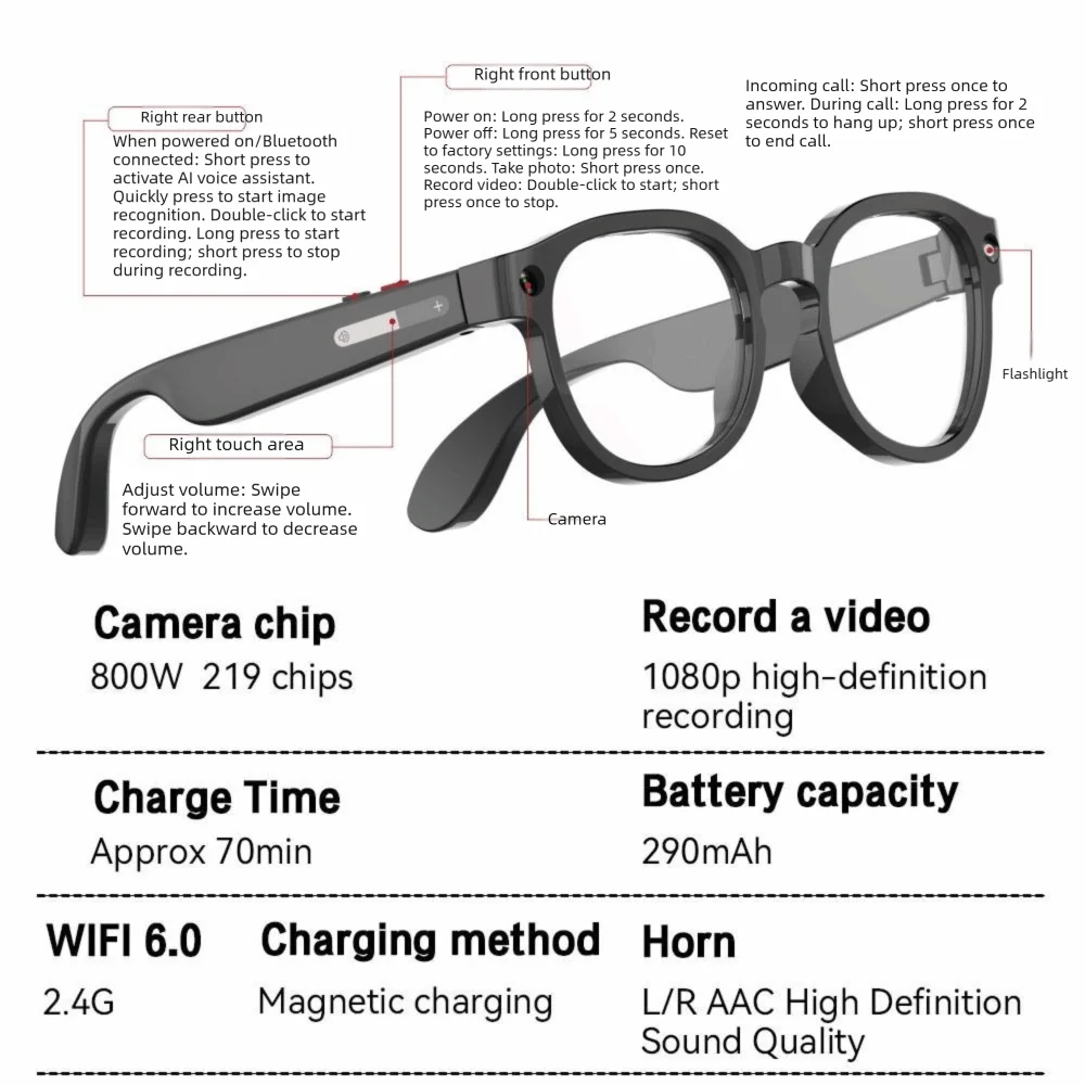 2 in 1 AI Smart Glasses HD Photo Video Voice Real-time Translation Smart AI Glasses Anti-Blue Light Call Translation view 6