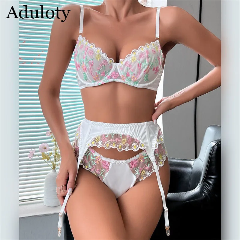 

Aduloty Women Sexy Underwear Exquisite Flower Lace Embroidered Bra garter thong Thin Mesh Perspective Lingerie Three Piece Set