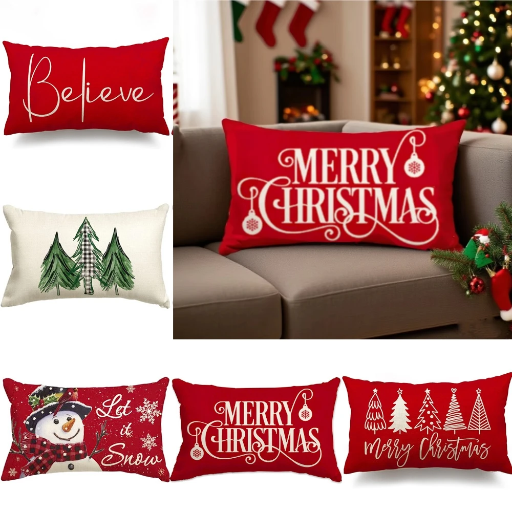 

Xmas Tree Pillow Cover 30x50cm Linen Throw Pillowcase Merry Christmas Decorative Snowmen Letter Decor Pillowcase Cushion Cover