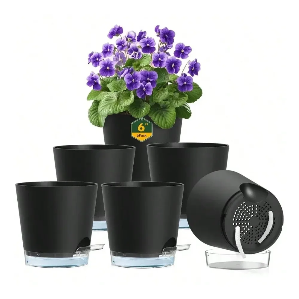

Inch Self Watering Pots Indoor Outdoor Plants, 6 Pack Flower Plant Pots With Drainage Holes And Reservoirs, Visible Level, Plas