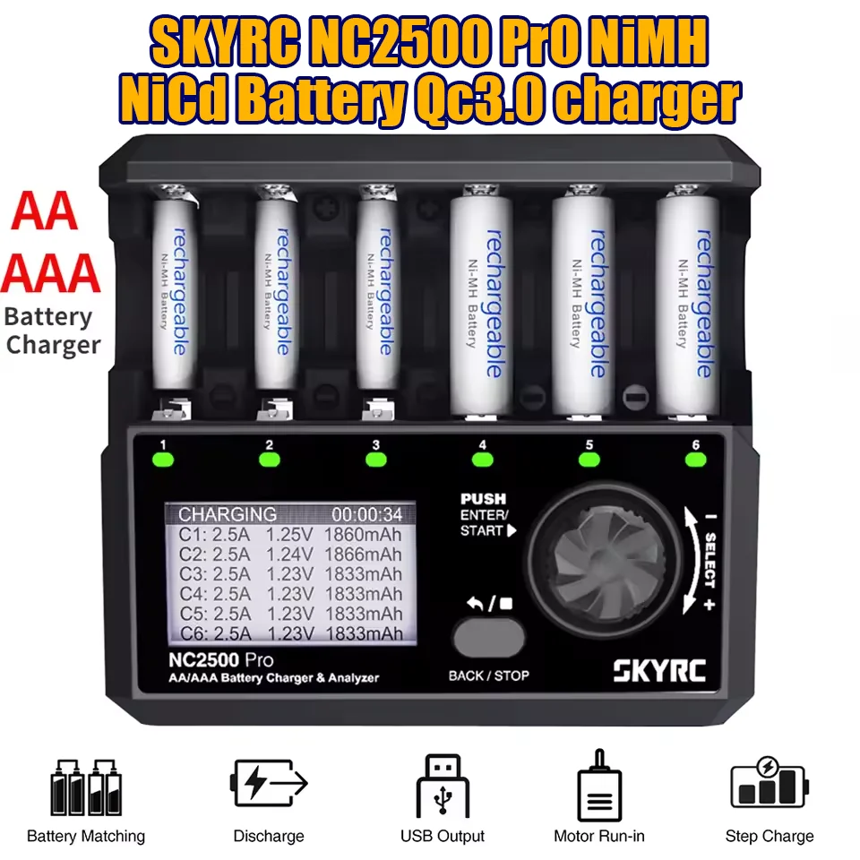 Original SKYRC NC2500 Pro NiMH NiCd LCD Smart Battery Charger DC 12V/3A for AA AAA Rechargeable Batteries 3in1