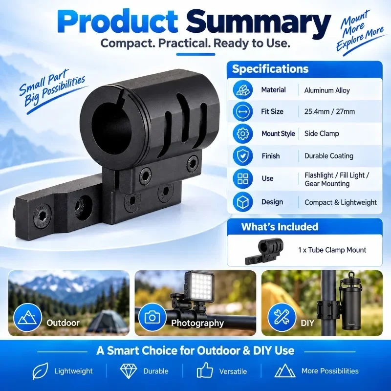 Side Mount Circular Flashlight Holder, Pipe Tube Clamp Bracket 20mm 25.4mm 27mm Diameter