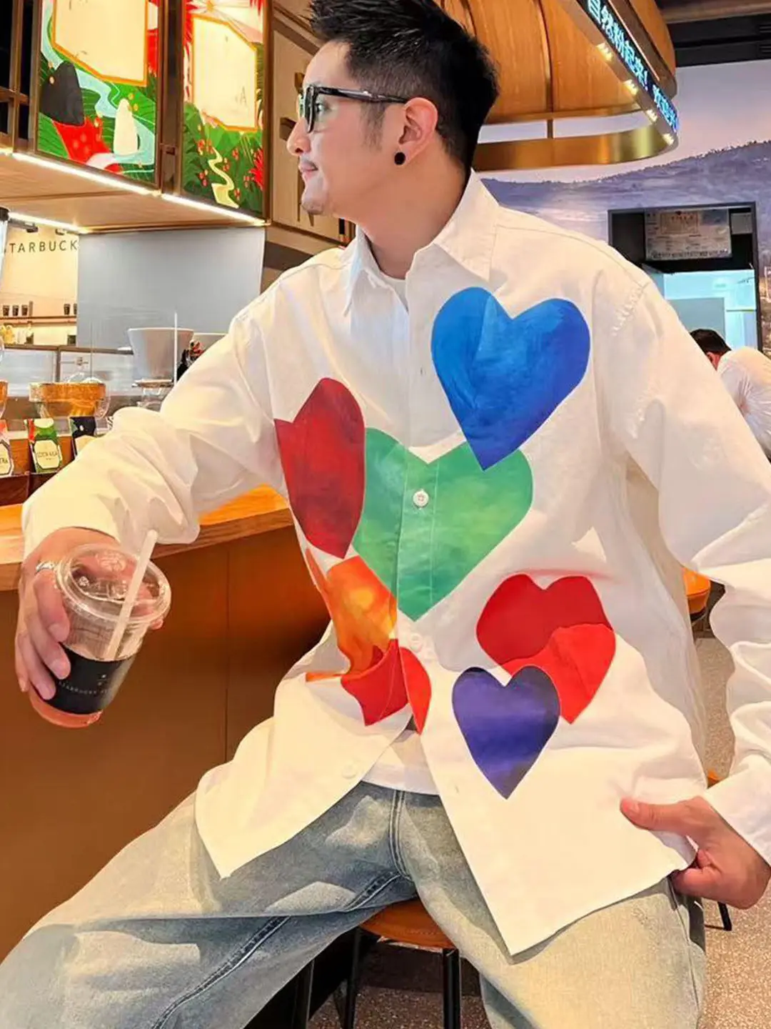 

Retro Youth Faion Personali Color Blo Heart Print Long Sve Collar Men's irt Spring Autumn Summer Open Cardigan Top
